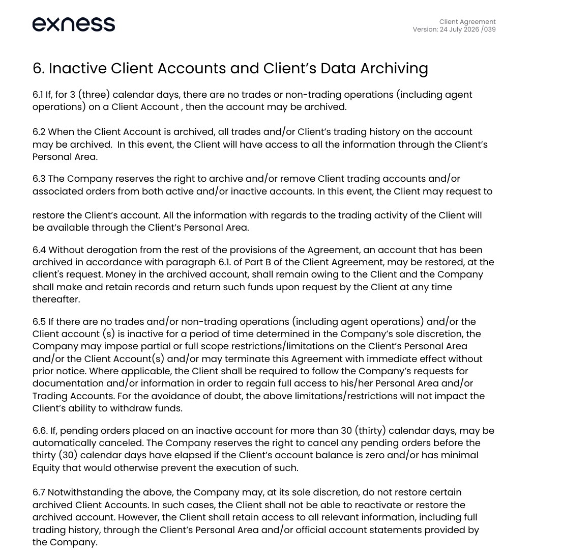 Exnessの顧客契約（Client Agreement）Part B 6.1〜6.7。3暦日のあいだ取引も非取引操作も無い口座はアーカイブされることがある、アーカイブされた口座は顧客の依頼で復元でき資金は顧客のもの、会社の判断で復元しない口座もある、と定めている
