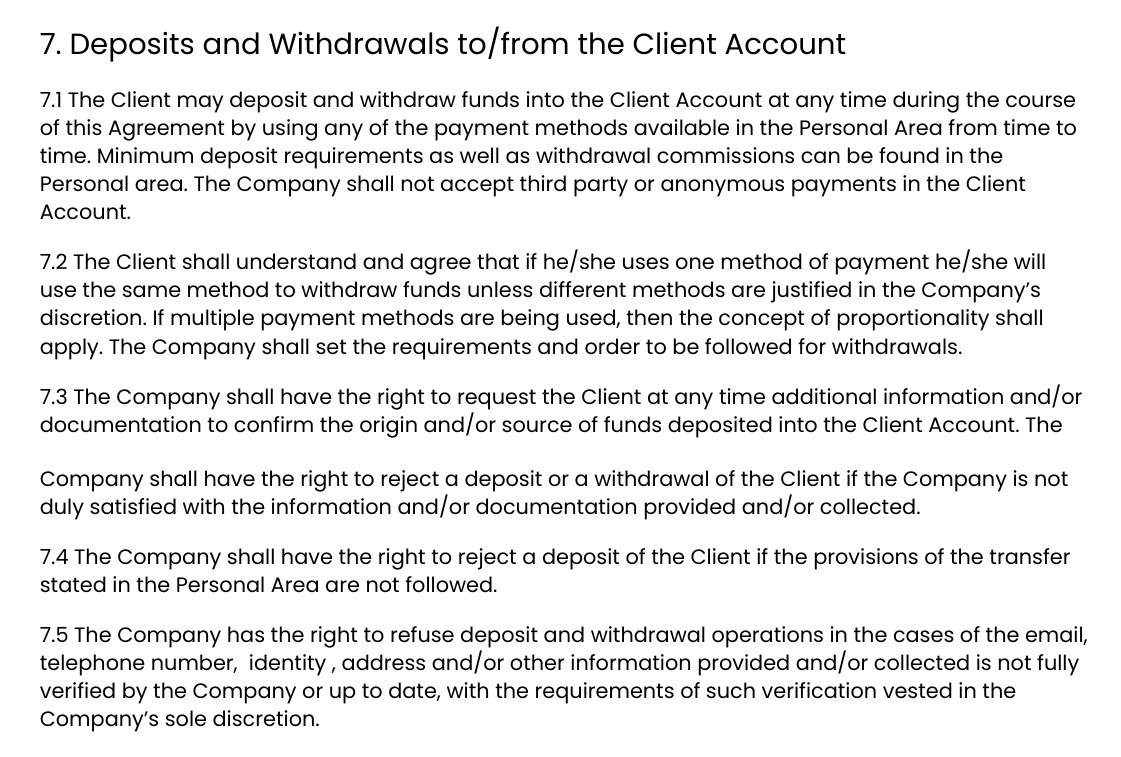 Exnessの顧客契約(Client Agreement)Part B 7.1〜7.5。第三者や匿名の入金は受け付けない、入金した方法で出金する、会員ページに書かれた送金の条件に従わない入金は拒否できる、本人確認が済んでいない場合は入出金を拒否できる、と定めている