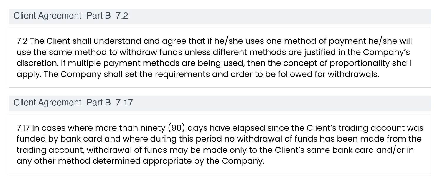 Exnessの顧客契約（Client Agreement）Part B 7.2と7.17。入金した方法で出金し、複数の方法を使った場合は比例の考え方を適用する。カード入金から90日を超えて出金していない場合は同じカードへ