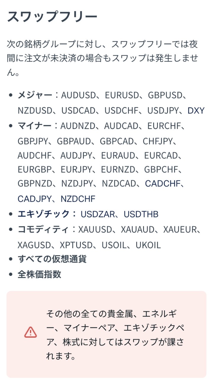 Exness公式ヘルプセンター「スワップフリーステータス」の対象銘柄の一覧。メジャー8銘柄、マイナー21銘柄、エキゾチックのUSDZARとUSDTHB、コモディティのXAUUSD・XAUAUD・XAUEUR・XAGUSD・XPTUSD・USOIL・UKOIL、すべての仮想通貨、全株価指数。その他の貴金属・エネルギー・株式にはスワップが課される