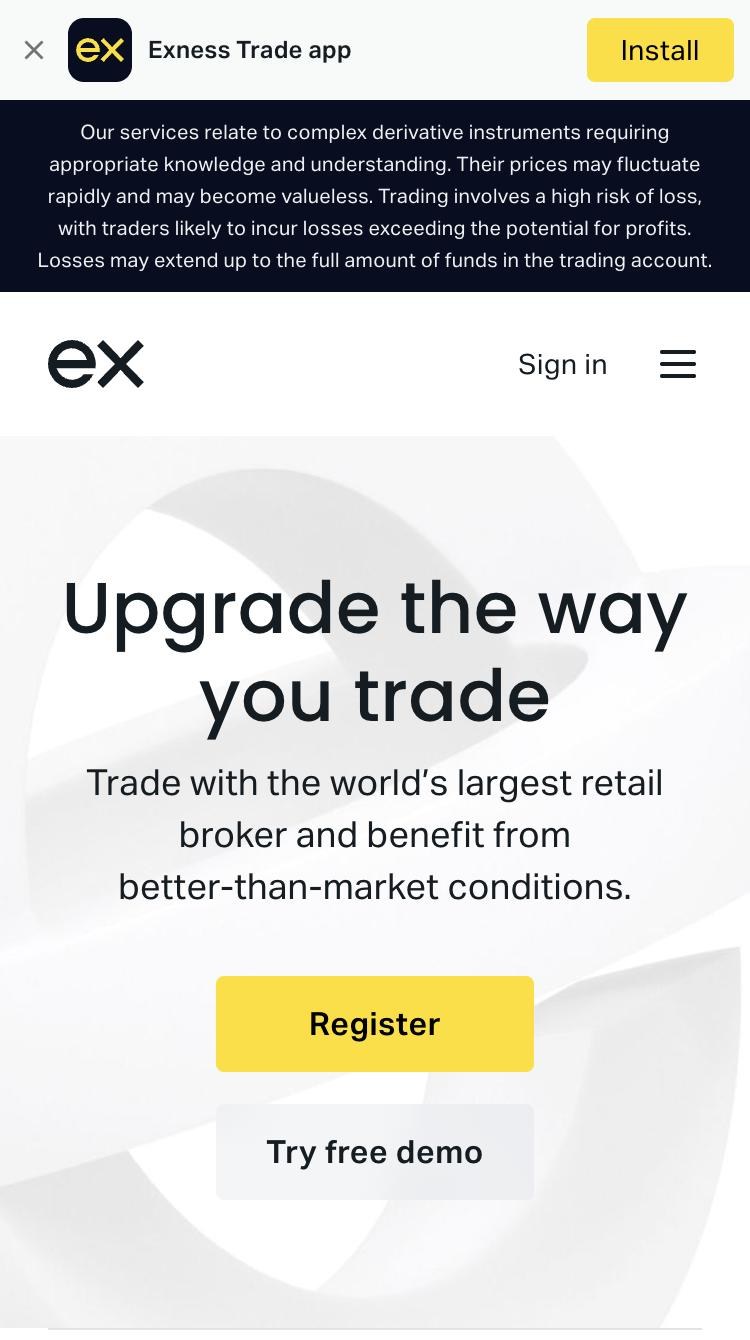 Exness公式サイトのトップページ(スマホ表示)。英語で「Upgrade the way you trade」と表示され、Register と Try free demo のボタンがある。日本語の表示は無い