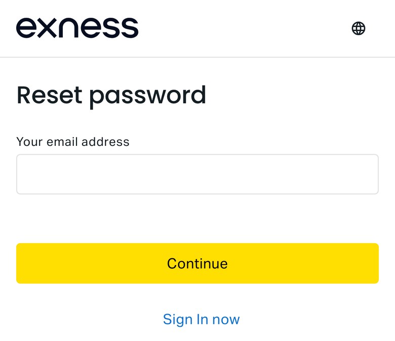 Exnessのパスワード再設定の画面（スマホ表示）。Reset password の下に Your email address の入力欄と黄色の Continue ボタン、Sign In now のリンクがある