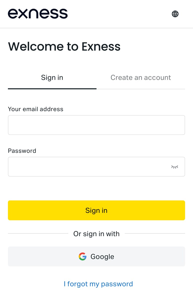 Exnessのログイン画面（スマホ表示）。Welcome to Exness の下に Sign in と Create an account のタブ、Your email address と Password の入力欄、黄色の Sign in ボタン、Or sign in with Google、I forgot my password のリンクが並ぶ。表示は英語