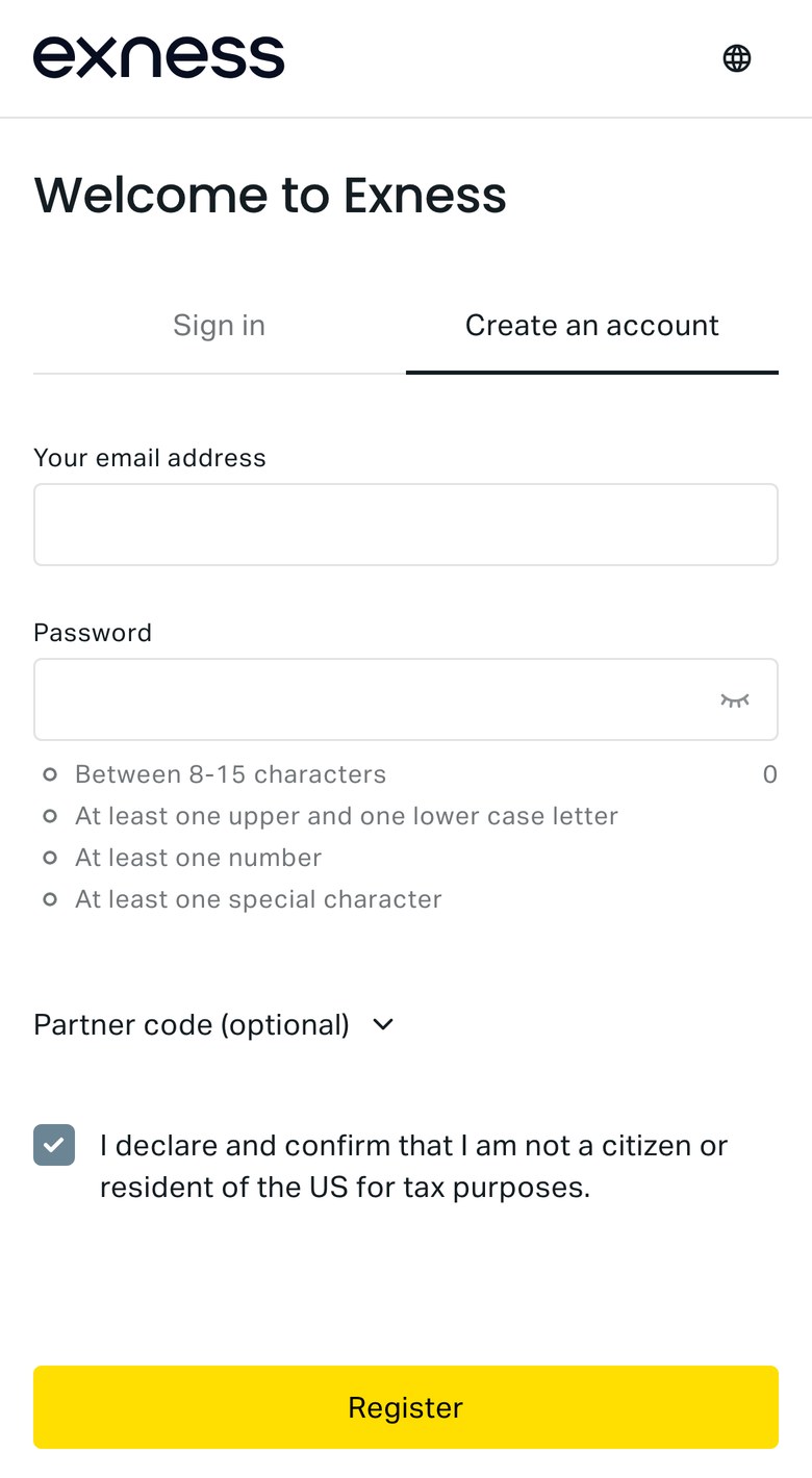Exnessの口座開設の画面(スマホ表示)。Create an account のタブに、メールアドレス、パスワード、Partner code (optional)、米国の居住者ではないことを確認するチェックボックスがあり、居住国を選ぶ欄は無い