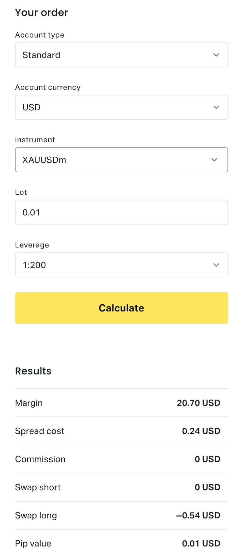 Exness公式のトレーディングカリキュレーターの結果（スマホ表示）。口座タイプStandard、銘柄XAUUSDm、0.01ロット、レバレッジ1:200で計算すると、Swap shortは0 USD、Swap longは−0.54 USD、Pip valueは0.01 USDと表示されている