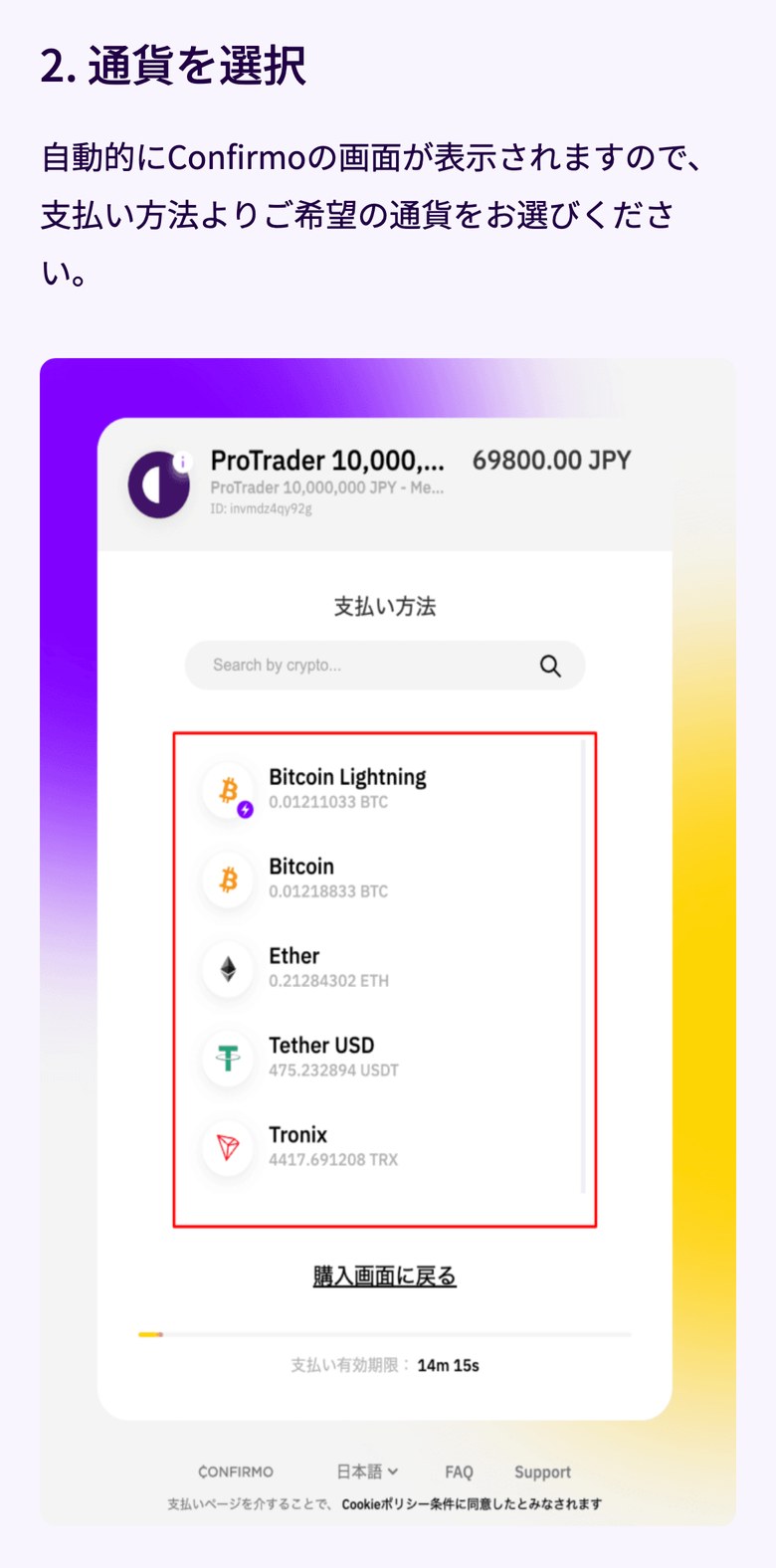 Fintokei公式ブログの暗号資産決済の手順2「通貨を選択」（スマホ表示）。Confirmoの画面にBitcoin Lightning・Bitcoin・Ether・Tether USD・Tronixが並び、支払い有効期限が14分15秒と表示されている
