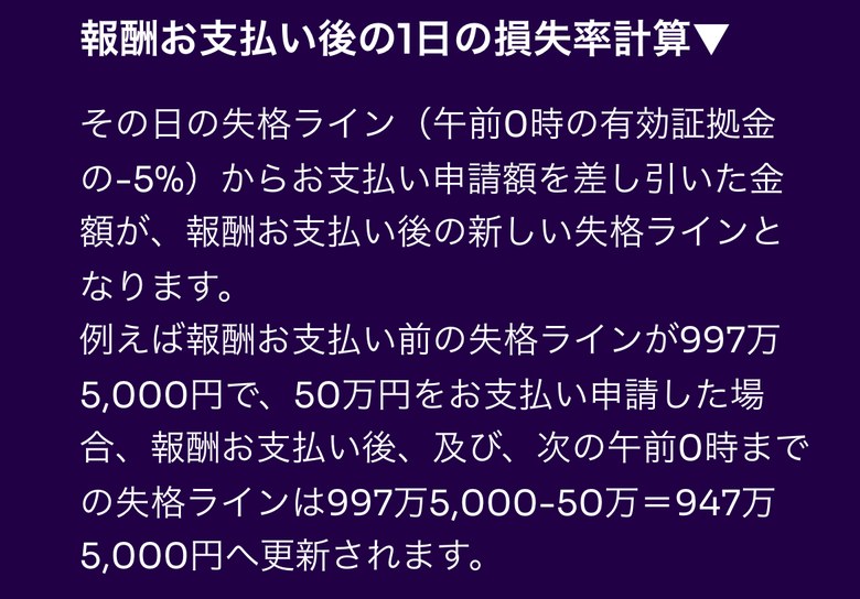 Fintokei ヘルプセンター「損失率はどのように計算されますか?」の報酬お支払い後の1日の損失率計算(スマホ表示)。その日の失格ラインから支払い申請額を差し引いた金額が新しい失格ラインになり、失格ラインが997万5,000円で50万円を申請した場合は947万5,000円に更新されると書かれている