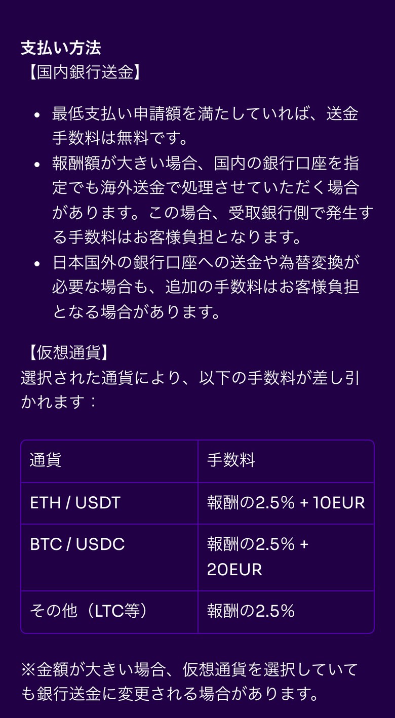 Fintokeiヘルプセンターの支払い方法(スマホ表示)。国内銀行送金は最低支払い申請額を満たしていれば送金手数料が無料で、報酬額が大きい場合は海外送金で処理することがあり受取銀行の手数料は自己負担。仮想通貨の手数料はETH・USDTが報酬の2.5%+10EUR、BTC・USDCが2.5%+20EUR、その他(LTC等)が2.5%と書かれている