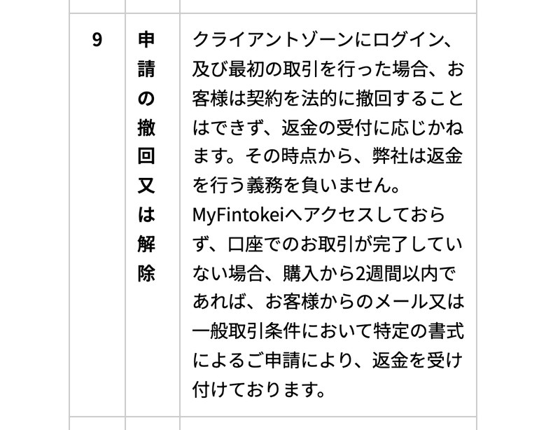 Fintokei公式サイトの特定商取引法に基づく表示の9「申請の撤回又は解除」（スマホ表示）。クライアントゾーンにログイン、及び最初の取引を行った場合は契約を撤回できず、返金に応じない。MyFintokeiへアクセスしておらず取引が完了していない場合は、購入から2週間以内であれば、メール又は一般取引条件の特定の書式による申請で返金を受け付ける