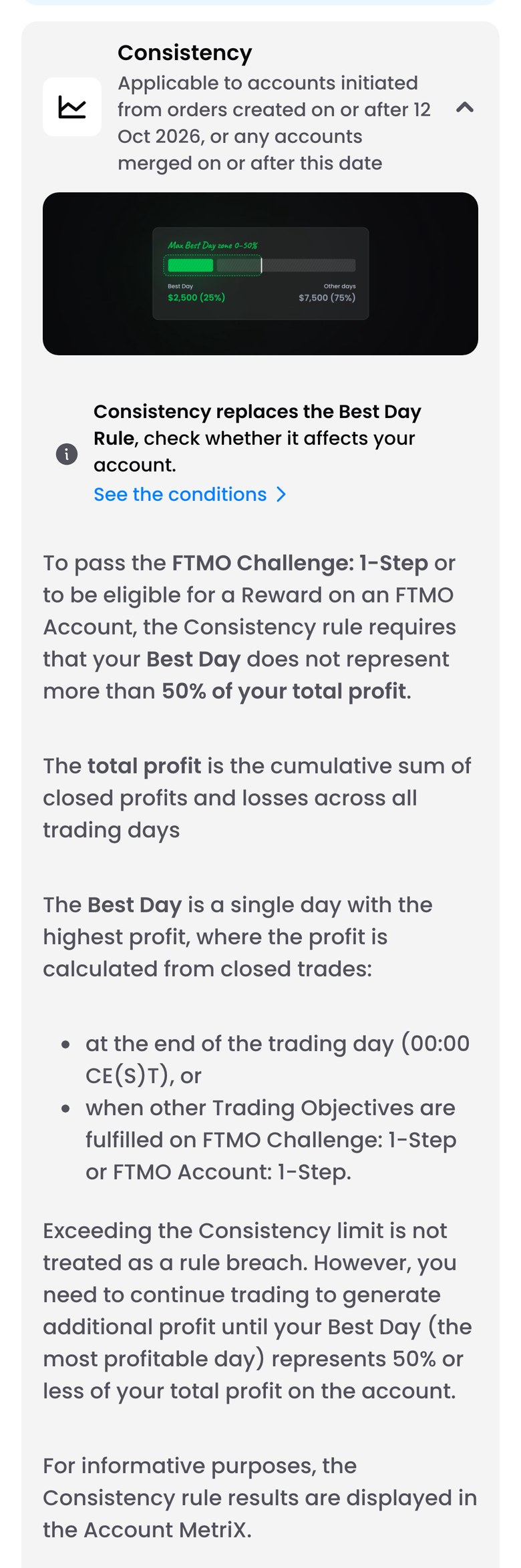 FTMO公式サイトのTrading Objectivesにある1-StepのConsistencyの説明（スマホ表示）。「2026年10月12日以降に作られた注文から始まった口座と、この日以降に統合された口座に適用」の注記と、「ConsistencyがBest Day Ruleに置き換わる」の案内がある。Best Dayが通算の利益の50%を超えないこと。通算の利益は、すべての取引日の確定損益の合計、と書かれている