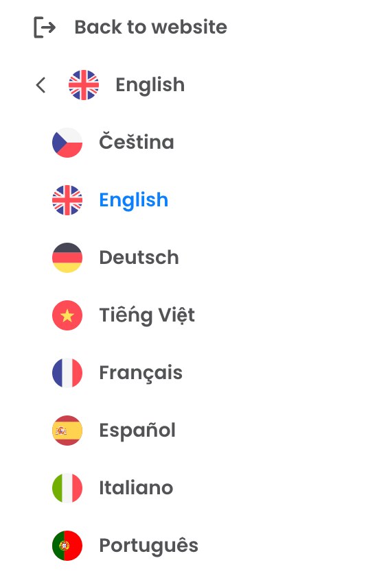 FTMOの会員ページ（Client Area）のメニューにある言語の一覧。Čeština、English、Deutsch、Tiếng Việt、Français、Español、Italiano、Portuguêsの8つで、日本語は無い