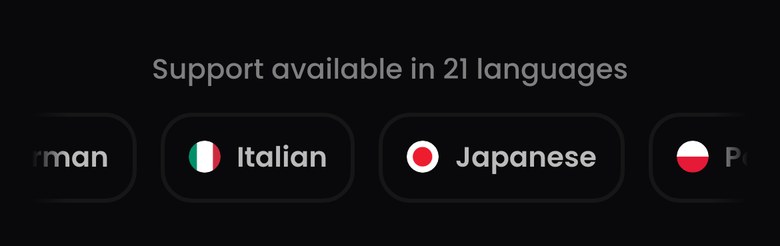FTMO公式サイトの問い合わせページにある「Support available in 21 languages」の表示（スマホ表示）。対応言語が横に流れる帯の中に、Italianの次にJapaneseが日の丸のアイコンつきで表示されている