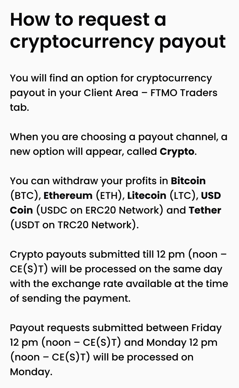 FTMO公式サイトの仮想通貨での出金の案内（スマホ表示）。受け取れるのはBitcoin、Ethereum、Litecoin、USD Coin（ERC20）、Tether（TRC20）。正午（CE(S)T）までの請求は当日に処理され、金曜の正午から月曜の正午までの請求は月曜に処理されると書かれている