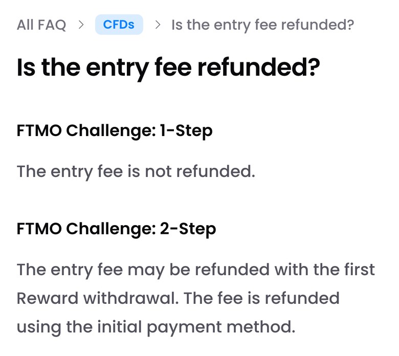 FTMO公式FAQ「Is the entry fee refunded?」（スマホ表示）。1-Stepの参加費は返金されない。2-Stepの参加費は最初の報酬の出金と一緒に、支払ったときの方法へ返金されると書かれている