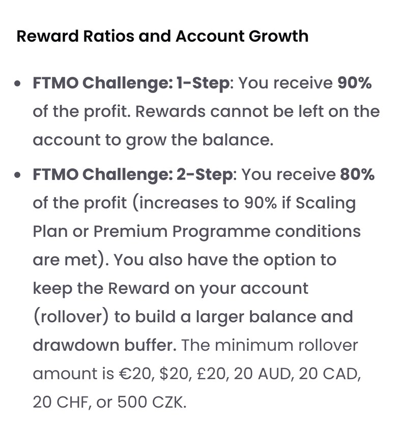 FTMO公式FAQのReward Ratios and Account Growthの節（スマホ表示）。1-Stepは利益の90%を受け取り、報酬を口座に残すことはできない。2-Stepは利益の80%で、Scaling PlanかPremium Programmeの条件を満たすと90%になり、報酬を口座に残すrolloverの最低額は20ユーロ・20ドルなどと書かれている
