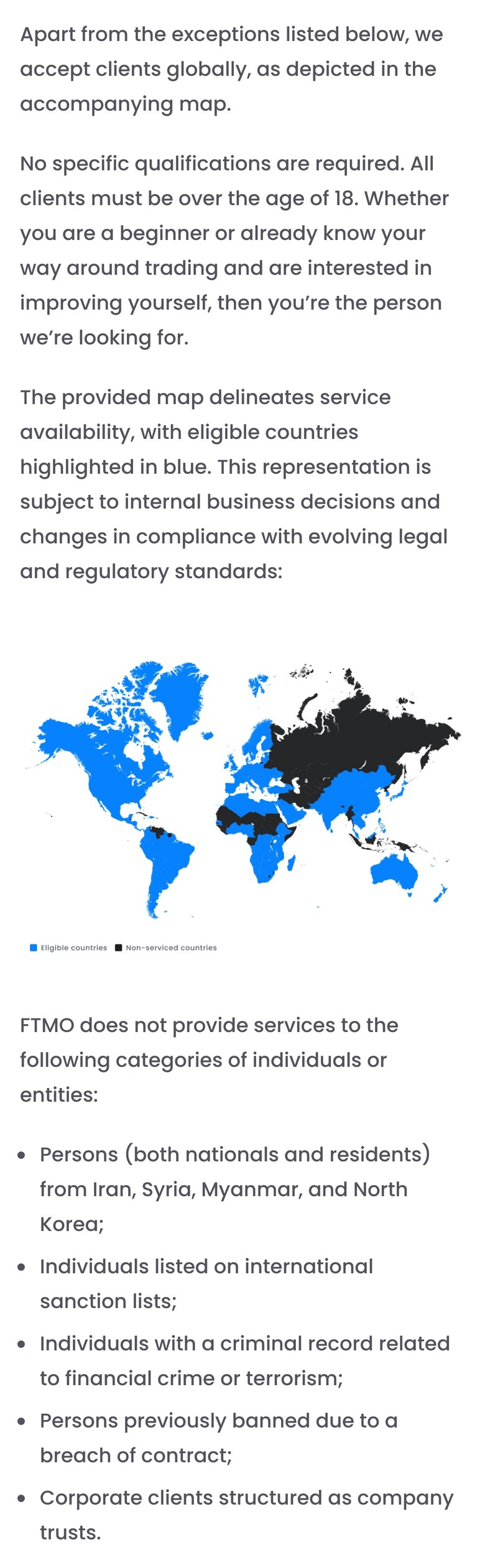 FTMO公式FAQ「Who can join FTMO?」（スマホ表示）。例外を除いて世界中の顧客を受け入れ、18歳以上であることが条件。利用できる国を青で塗った世界地図があり、日本は青で塗られている。サービスを提供しないのは、イラン・シリア・ミャンマー・北朝鮮の国民と居住者、国際的な制裁リストの掲載者、金融犯罪やテロの犯罪歴がある人、契約違反で利用停止になった人、信託の形の法人と書かれている
