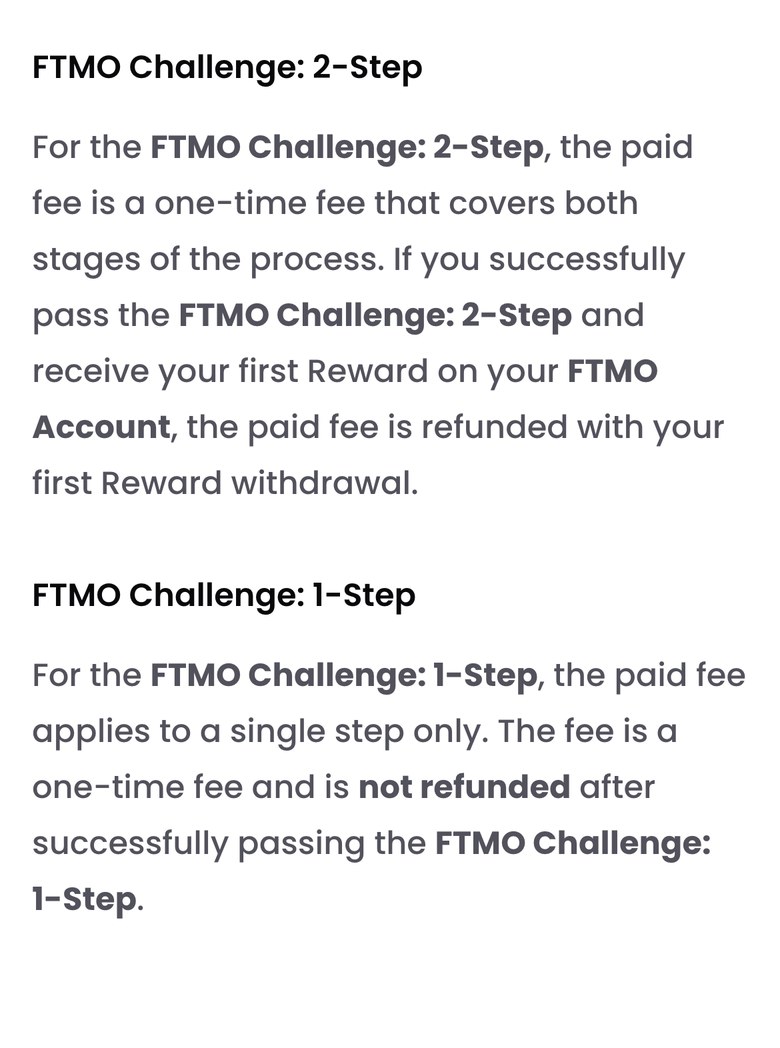 FTMO公式FAQ「Why is there a fee?」の一部（スマホ表示）。2-Stepの料金は両方の段階を含む1回払いで、合格してFTMO Accountで最初の報酬を受け取ると、最初の報酬の引き出しと一緒に返金される。1-Stepの料金は1段階だけの1回払いで、合格しても返金されない、と書かれている