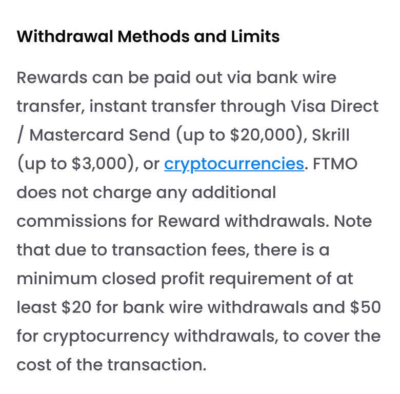 FTMO公式FAQのWithdrawal Methods and Limitsの節（スマホ表示）。報酬は銀行送金、Visa Direct／Mastercard Sendの即時送金（20,000ドルまで）、Skrill（3,000ドルまで）、仮想通貨で支払われ、FTMOは追加の手数料を取らない。最低の確定利益は銀行送金が20ドル、仮想通貨が50ドルと書かれている