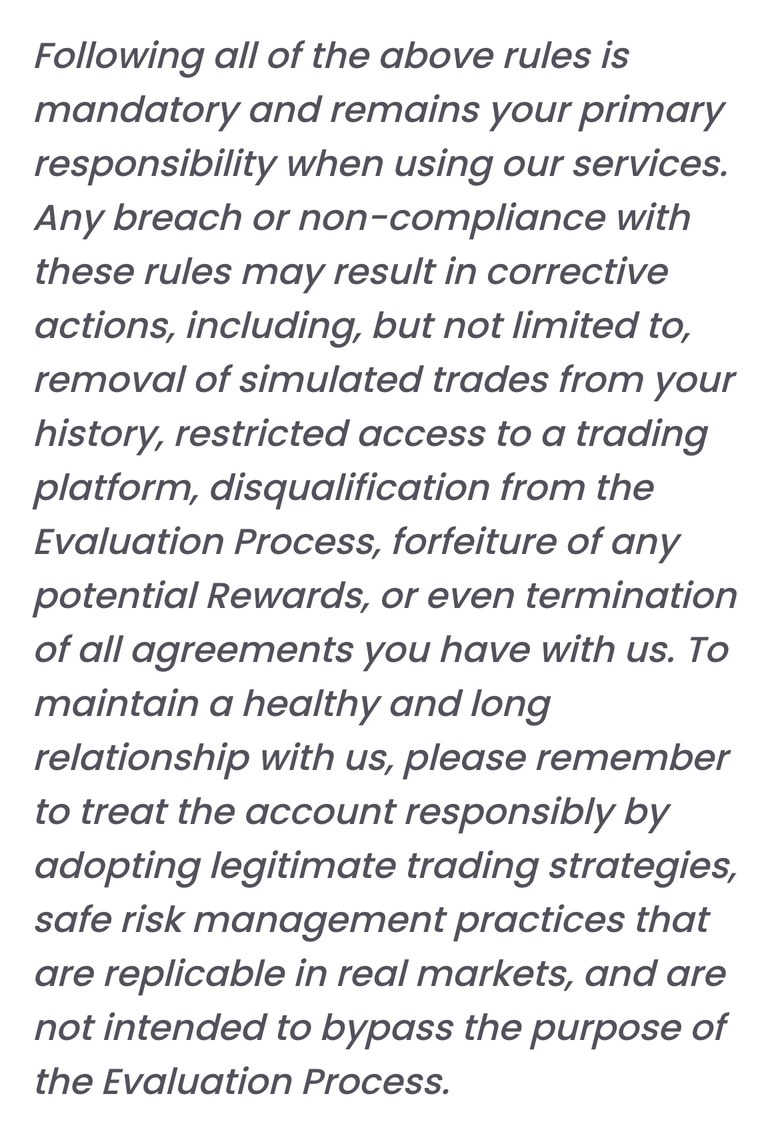 FTMO公式サイトのForbidden Trading Practicesの末尾（スマホ表示）。ルールに違反すると、取引の履歴からの削除、プラットフォームの利用制限、評価の失格、報酬の没収、すべての契約の終了などの対応があり得ると書かれている