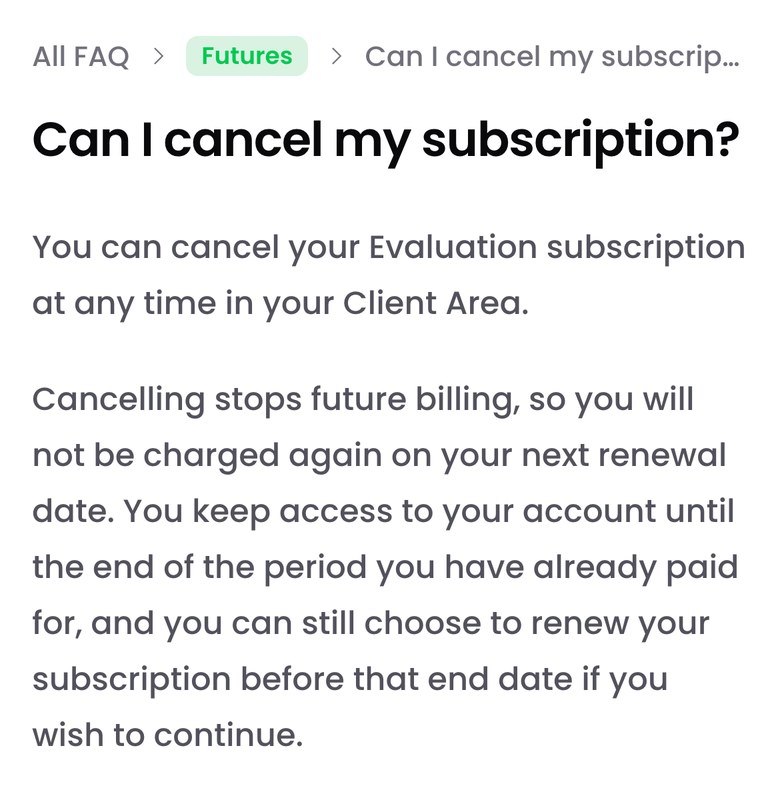 FTMO公式FAQ「Can I cancel my subscription?」（スマホ表示）。評価のサブスクリプションは会員ページでいつでも解約できる。解約すると次の更新日の請求が止まり、支払い済みの期間の終わりまでは口座を使える、と書かれている