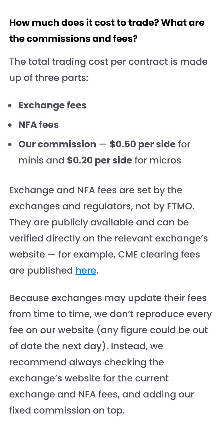 FTMO公式FAQ「Which instruments can I trade with FTMO Futures?」の手数料の説明（スマホ表示）。1枚あたりの取引コストは、取引所の手数料、NFAの手数料、FTMOの手数料（ミニは片道$0.50、マイクロは片道$0.20）の3つ。取引所とNFAの手数料は変わることがあるので、取引所のサイトで確かめるよう書かれている