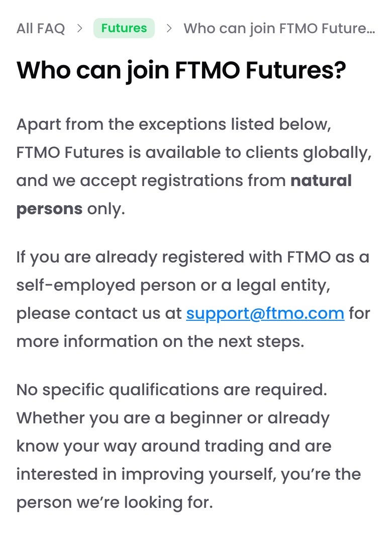FTMO公式FAQ「Who can join FTMO Futures?」の冒頭（スマホ表示）。下の例外を除いて、FTMO Futuresは世界中の顧客が利用でき、登録は個人（natural persons）だけを受け付ける。すでに個人事業主か法人としてFTMOに登録している場合はサポートへ連絡する、と書かれている