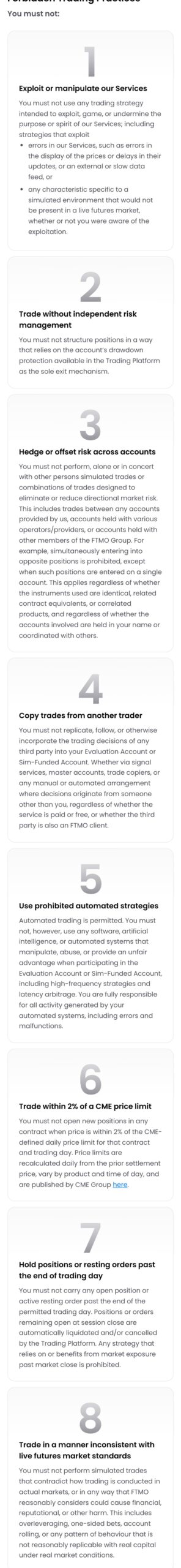 FTMO公式サイトのFutures Forbidden Trading Practices（スマホ表示）。禁止される取引として、1 サービスの悪用や操作、2 独立したリスク管理のない取引、3 口座をまたぐ両建てやリスクの相殺、4 他のトレーダーの取引のコピー、5 禁止される自動売買（高頻度取引やレイテンシー裁定）、6 CMEの値幅制限の2%以内での取引、7 取引日の終わりを越えたポジションや待機注文の保有、8 実際の先物市場の基準に合わない取引、が番号つきで並んでいる
