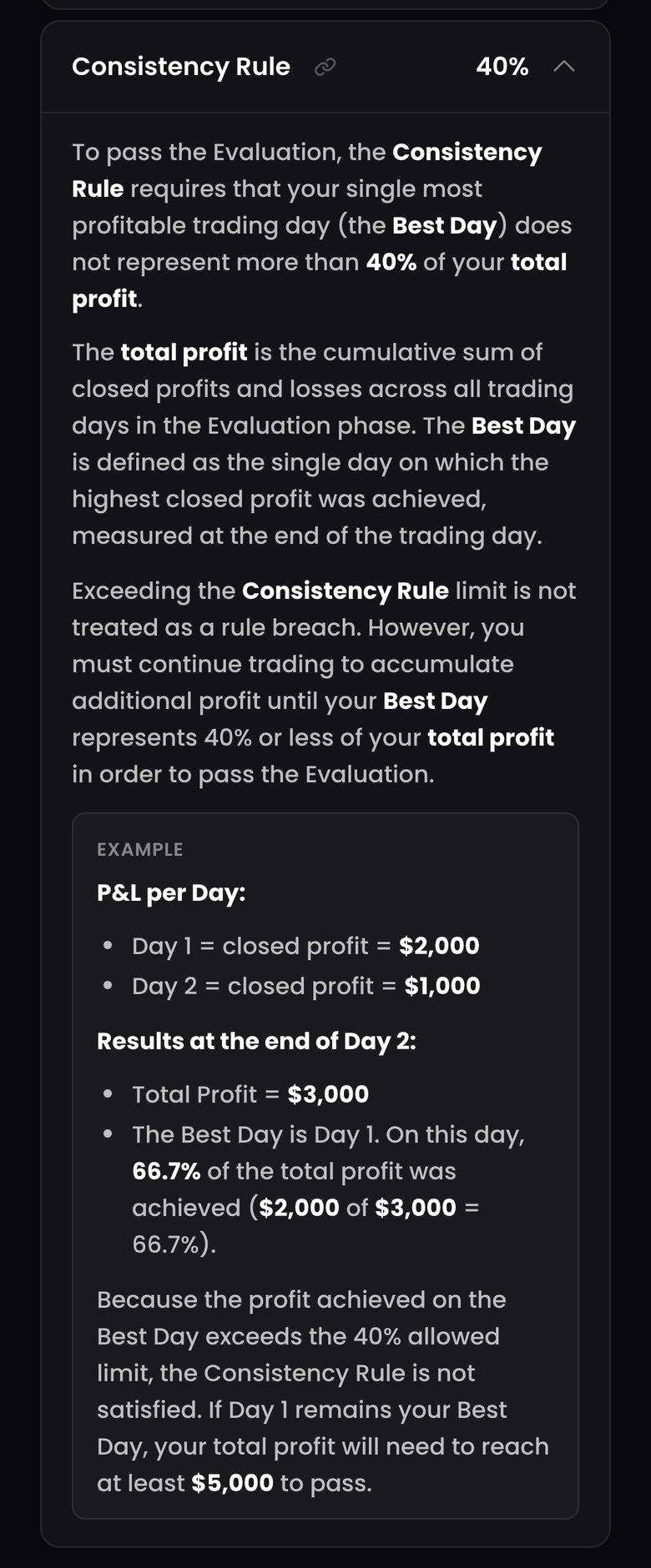 FTMO公式サイトのFutures Trading Objectives & RulesにあるConsistency Ruleの説明（スマホ表示・Growth）。最も利益が大きかった取引日（Best Day）が、通算の利益（total profit）の40%を超えないこと。通算の利益は、評価の期間のすべての取引日の確定損益の合計。超えても違反にはならず、Best Dayが40%以下になるまで取引を続ける。例として、1日目$2,000、2日目$1,000なら1日目は66.7%で、通算の利益を$5,000以上にする必要がある、と書かれている