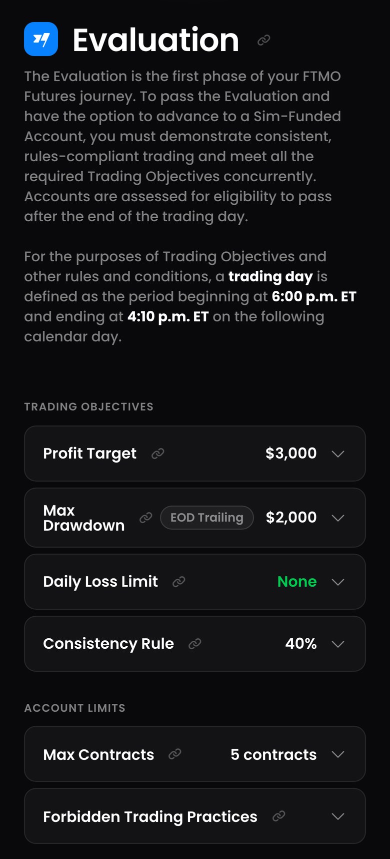 FTMO公式サイトのFutures Trading Objectives & Rulesにある評価（Evaluation）のルール一覧（スマホ表示・Growth $50,000）。取引日は米国東部時間の午後6時から翌日の午後4時10分まで。Profit Target $3,000、Max Drawdown（EOD Trailing）$2,000、Daily Loss Limit None、Consistency Rule 40%、Max Contracts 5 contracts