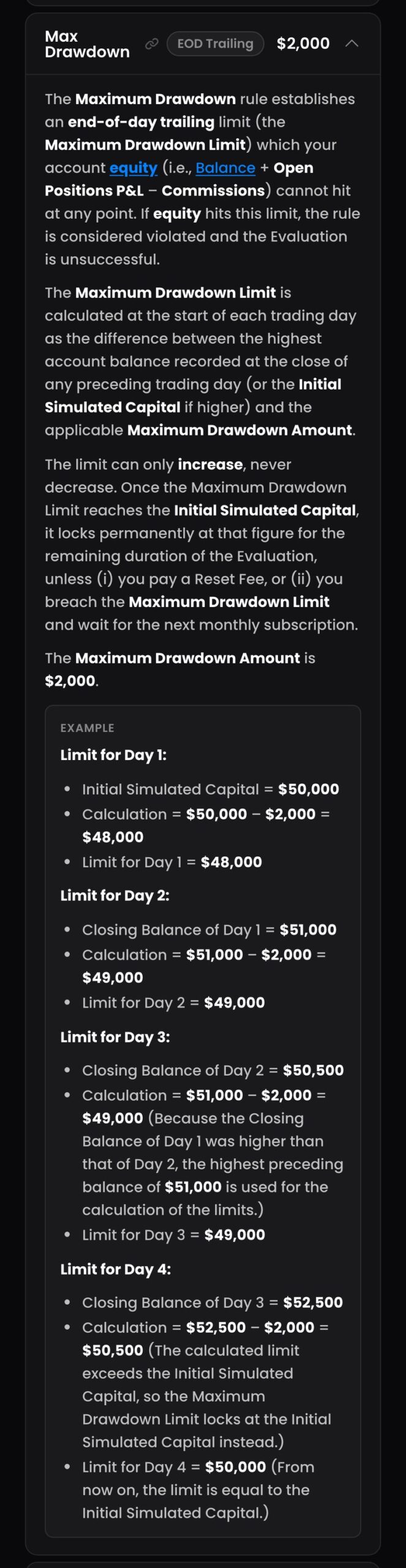FTMO公式サイトのFutures Trading Objectives & RulesにあるMax Drawdownの説明と例（スマホ表示・Growth $50,000）。最大ドローダウンのラインは日末トレーリングで、各取引日の始まりに、それまでの取引日の終わりの最高残高（初期資金のほうが高ければ初期資金）から$2,000を引いて計算する。ラインは上がるだけで下がらず、初期資金に届くとそこで固定される。例は、1日目$48,000、2日目$49,000、3日目$49,000、4日目$50,000
