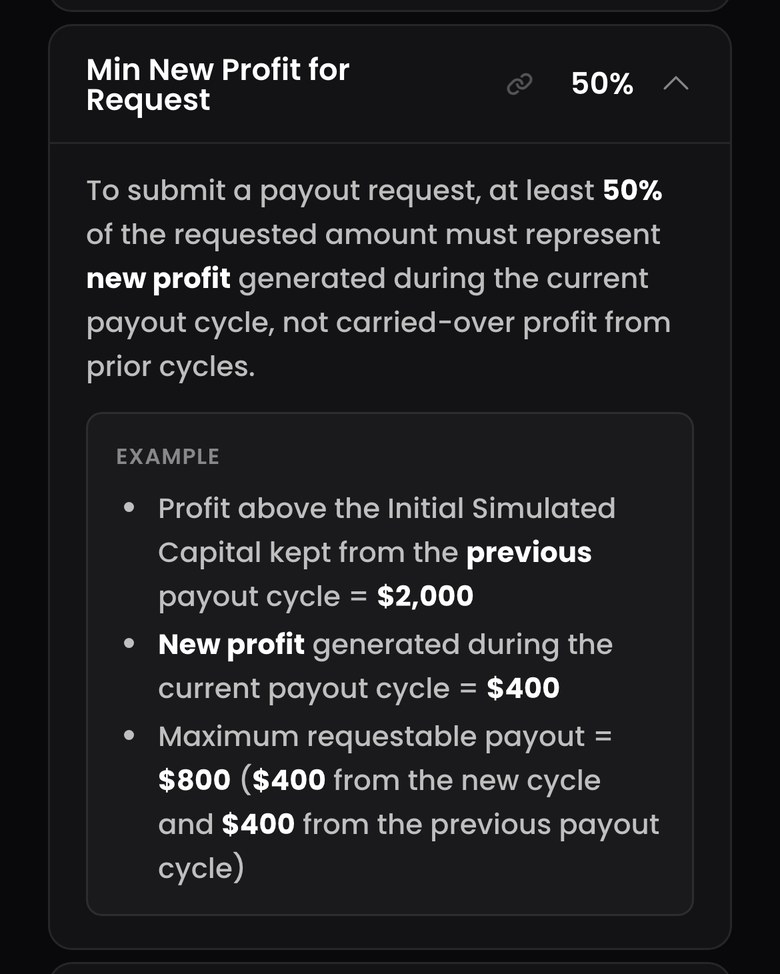 FTMO公式サイトのFutures Trading Objectives & RulesにあるMin New Profit for Requestの説明（スマホ表示）。出金の申請額の少なくとも50%は、今回の出金サイクルで新しく出た利益でなければならない。例として、前回から残した利益が$2,000、今回の新しい利益が$400なら、申請できるのは最大$800（新しい利益$400と、前回からの$400）、と書かれている