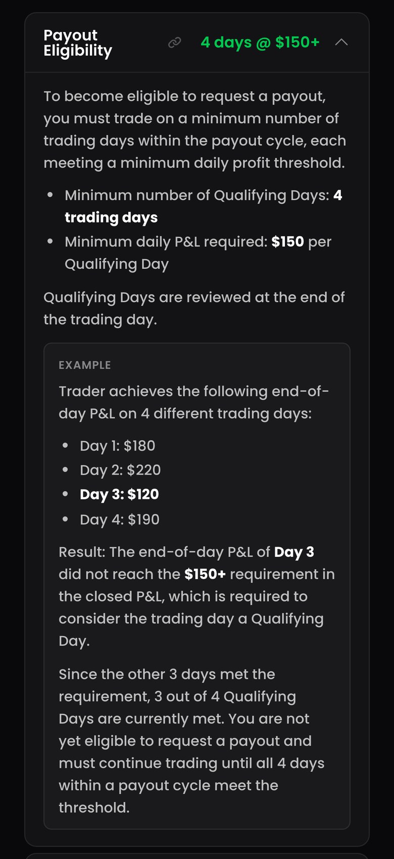 FTMO公式サイトのFutures Trading Objectives & RulesにあるPayout Eligibilityの説明（スマホ表示・Growth $50,000）。出金を申請するには、出金サイクルの中で、1日の損益が$150以上の取引日（Qualifying Day）が4日必要。例として、$180・$220・$120・$190の4日では、3日目が基準に届かないので3日しか数えられず、まだ申請できない、と書かれている
