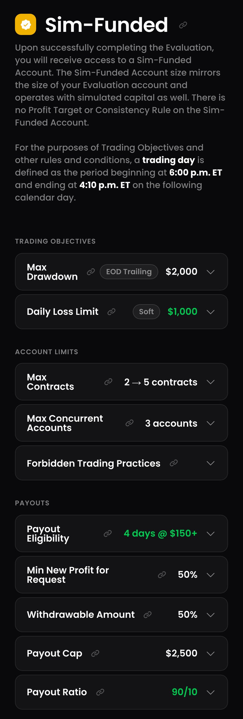 FTMO公式サイトのFutures Trading Objectives & RulesにあるSim-Funded口座のルール一覧（スマホ表示・Growth $50,000）。利益目標と一貫性ルールは無い。Max Drawdown（EOD Trailing）$2,000、Daily Loss Limit Soft $1,000、Max Contracts 2→5 contracts、Max Concurrent Accounts 3 accounts、Payout Eligibility 4 days @ $150+、Min New Profit for Request 50%、Withdrawable Amount 50%、Payout Cap $2,500、Payout Ratio 90/10