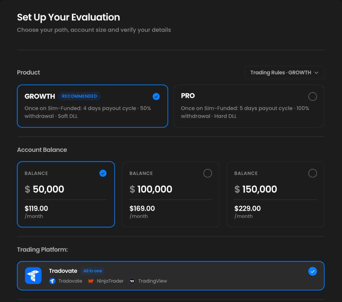 FTMO Futuresの申込画面「Set Up Your Evaluation」（PC表示）。ProductはGROWTH（RECOMMENDED・Sim-Fundedでは4日の出金サイクル・50%の出金・Soft DLL）とPRO（5日の出金サイクル・100%の出金・Hard DLL）。Account Balanceは$50,000が$119.00/month、$100,000が$169.00/month、$150,000が$229.00/month。Trading PlatformはTradovate（All in one）で、Tradovate・NinjaTrader・TradingViewのアイコンが並ぶ