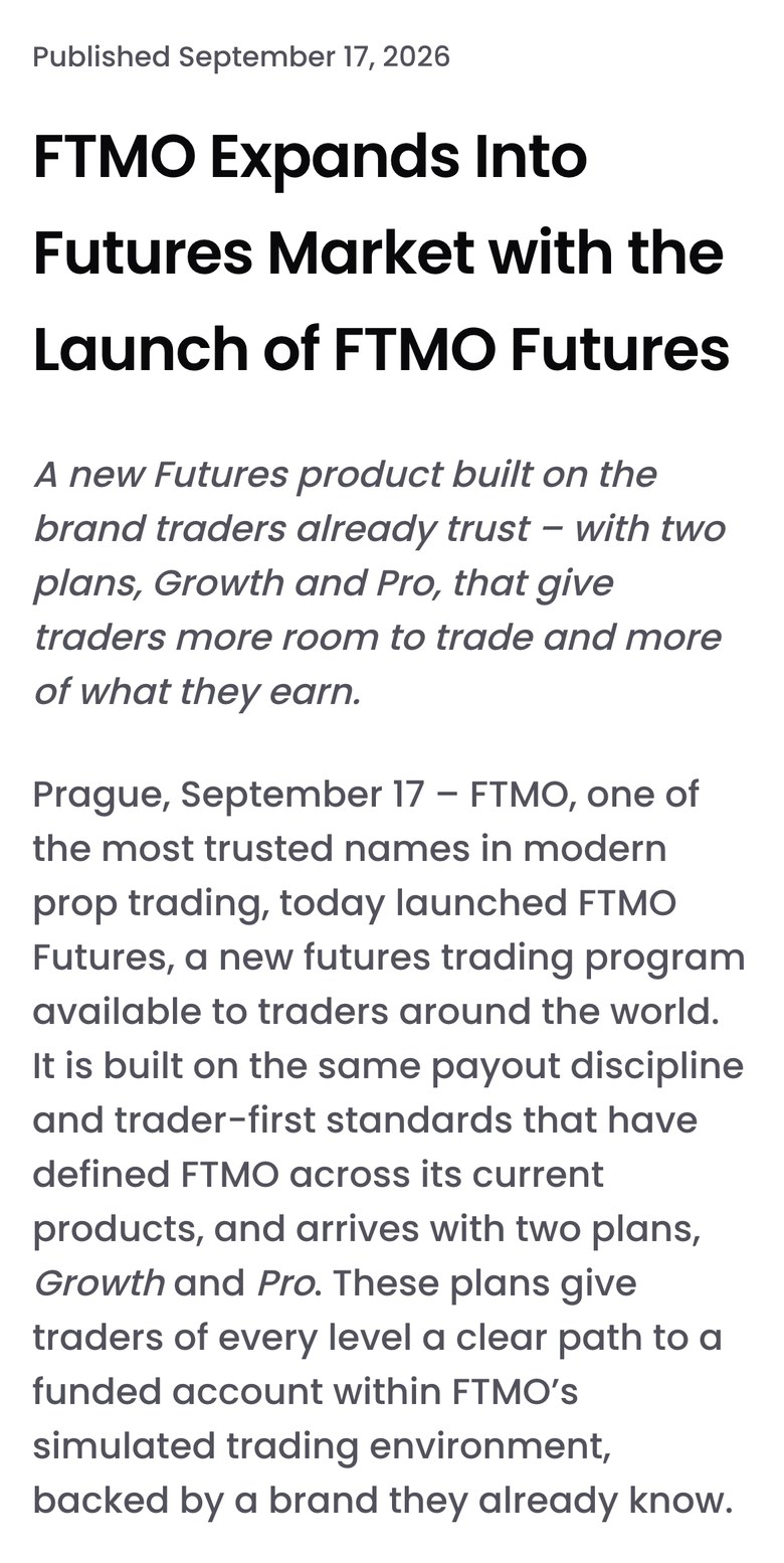 FTMO公式サイトのプレスリリース（スマホ表示）。2026年9月17日付の「FTMO Expands Into Futures Market with the Launch of FTMO Futures」。GrowthとProの2つのプランで先物の新しいプログラムFTMO Futuresを始めた、と書かれている