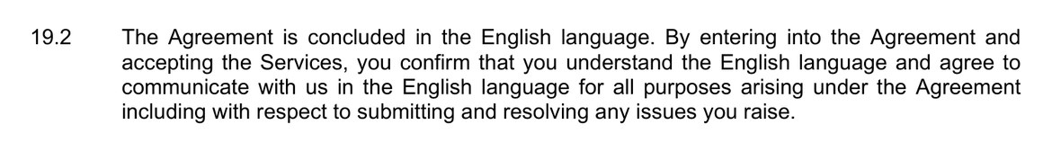 FTMO Futures Evaluation Terms and Conditionsの第19条2項。契約は英語で締結する。契約を結ぶことで、英語を理解し、問題の申し立てと解決を含むすべての目的で英語でやり取りすることに同意したことになる、と書かれている