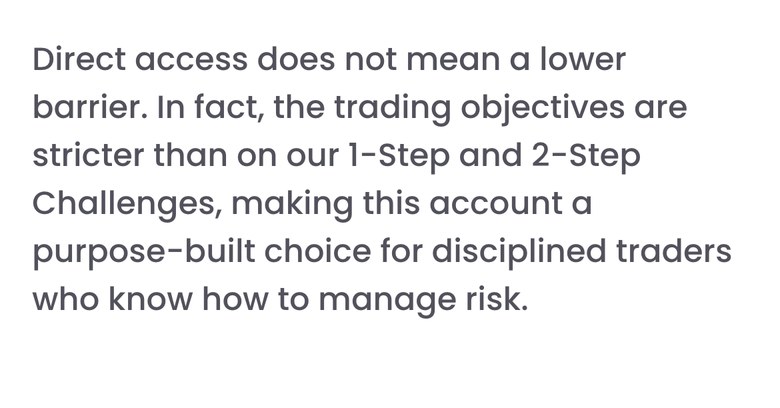 FTMO公式ブログの一節（スマホ表示）。直接のアクセスはハードルが低いことを意味しない。Trading Objectivesは1-Stepと2-StepのChallengeより厳しく、リスクを管理できる規律のあるトレーダーのための口座だ、と書かれている