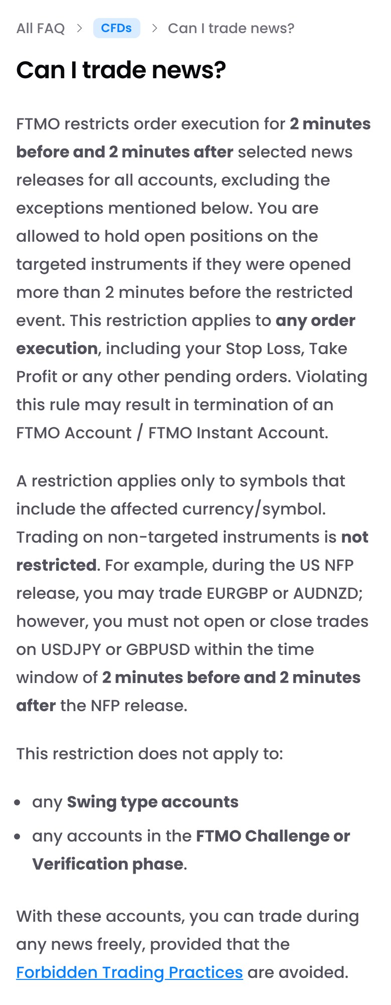 FTMO公式FAQ「Can I trade news?」（スマホ表示）。対象のニュースの発表2分前から2分後まで、例外を除くすべての口座で注文の約定を制限する。損切り・利確・待機注文の約定も対象で、違反するとFTMO AccountとFTMO Instant Accountは終了することがある。例外はSwingの口座と、FTMO Challenge・Verificationの段階の口座