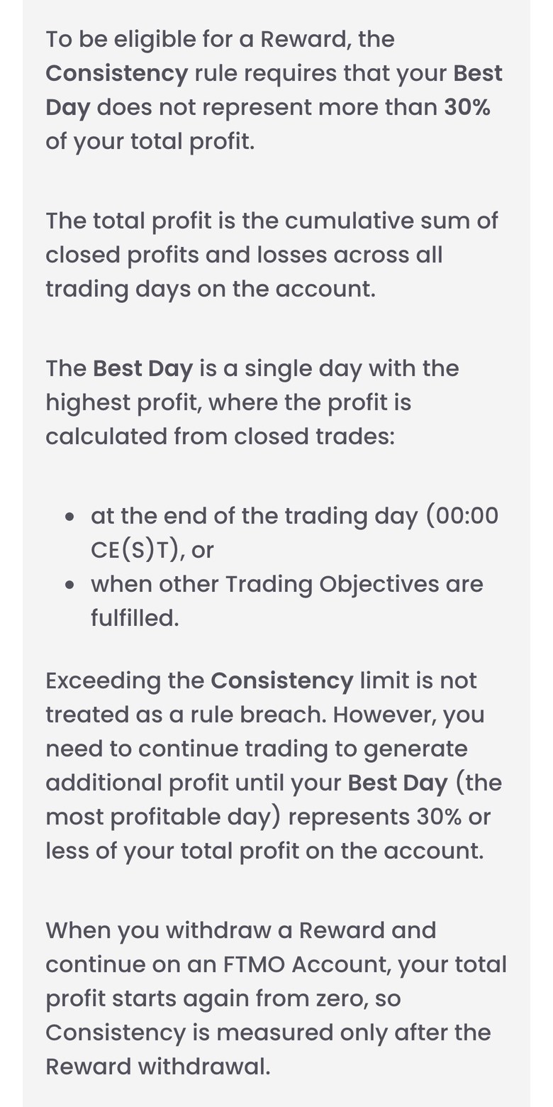 FTMO公式サイトのTrading ObjectivesにあるInstantのConsistencyの説明（スマホ表示）。報酬の対象になるには、Best Dayが通算の利益の30%を超えないこと。通算の利益は、口座のすべての取引日の確定損益の合計。超えても違反にはならず、Best Dayが30%以下になるまで取引を続ける。報酬を出金してFTMO Accountで続けると、通算の利益は0から数え直される
