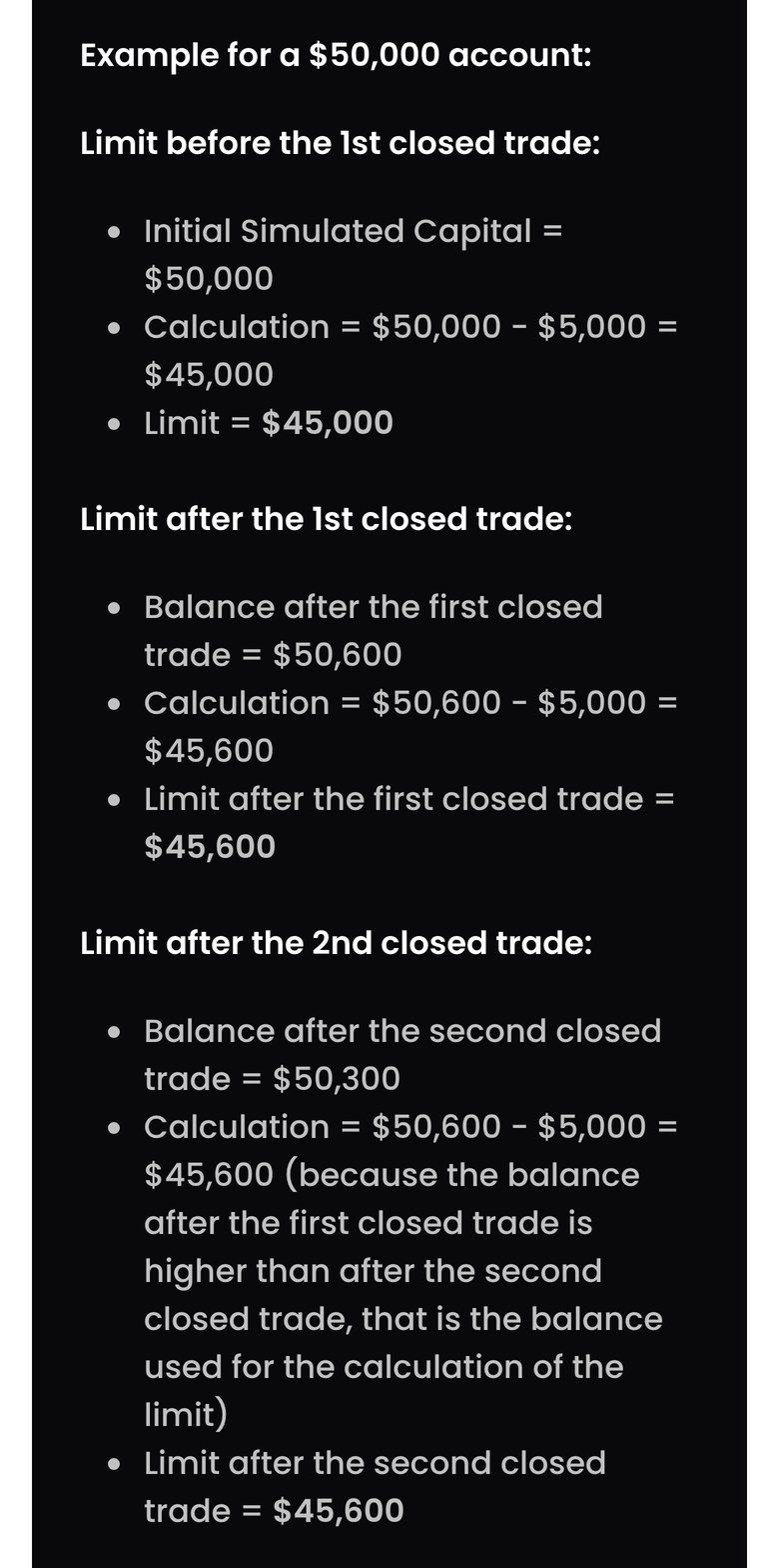FTMO公式サイトのTrading ObjectivesにあるMaximum Lossの例（スマホ表示・$50,000の口座）。最初の決済の前は$50,000−$5,000でラインは$45,000。1回目の決済後の残高が$50,600だと、ラインは$45,600。2回目の決済後の残高が$50,300でも、1回目のほうが高いので、ラインは$45,600のまま
