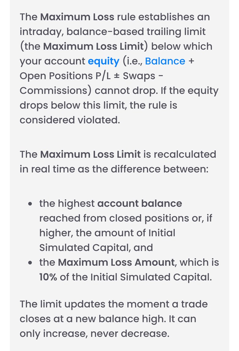 FTMO公式サイトのTrading ObjectivesにあるInstantのMaximum Lossの説明（スマホ表示）。最大損失はイントラデイの残高ベースのトレーリングで、有効証拠金がラインを下回ると違反になる。ラインは、決済済みのポジションでついた最高残高（初期資金のほうが高ければ初期資金）から、初期資金の10%を引いた額。取引が新しい最高残高で決済された瞬間に更新され、上がるだけで下がらない