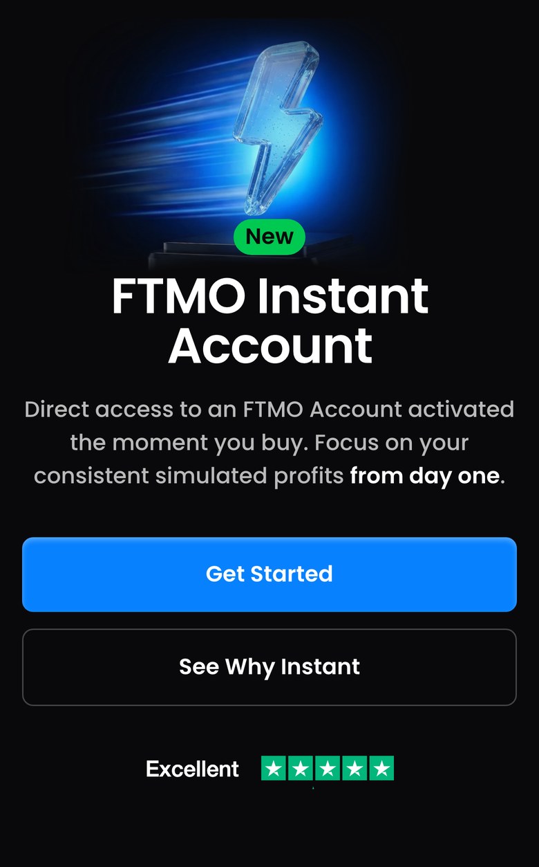 FTMO公式サイトのFTMO Instant Accountのページ（スマホ表示）。Newの印と「FTMO Instant Account」の見出しの下に、購入した瞬間に有効になるFTMO Accountへの直接のアクセス、初日から安定した利益に集中できる、と書かれている