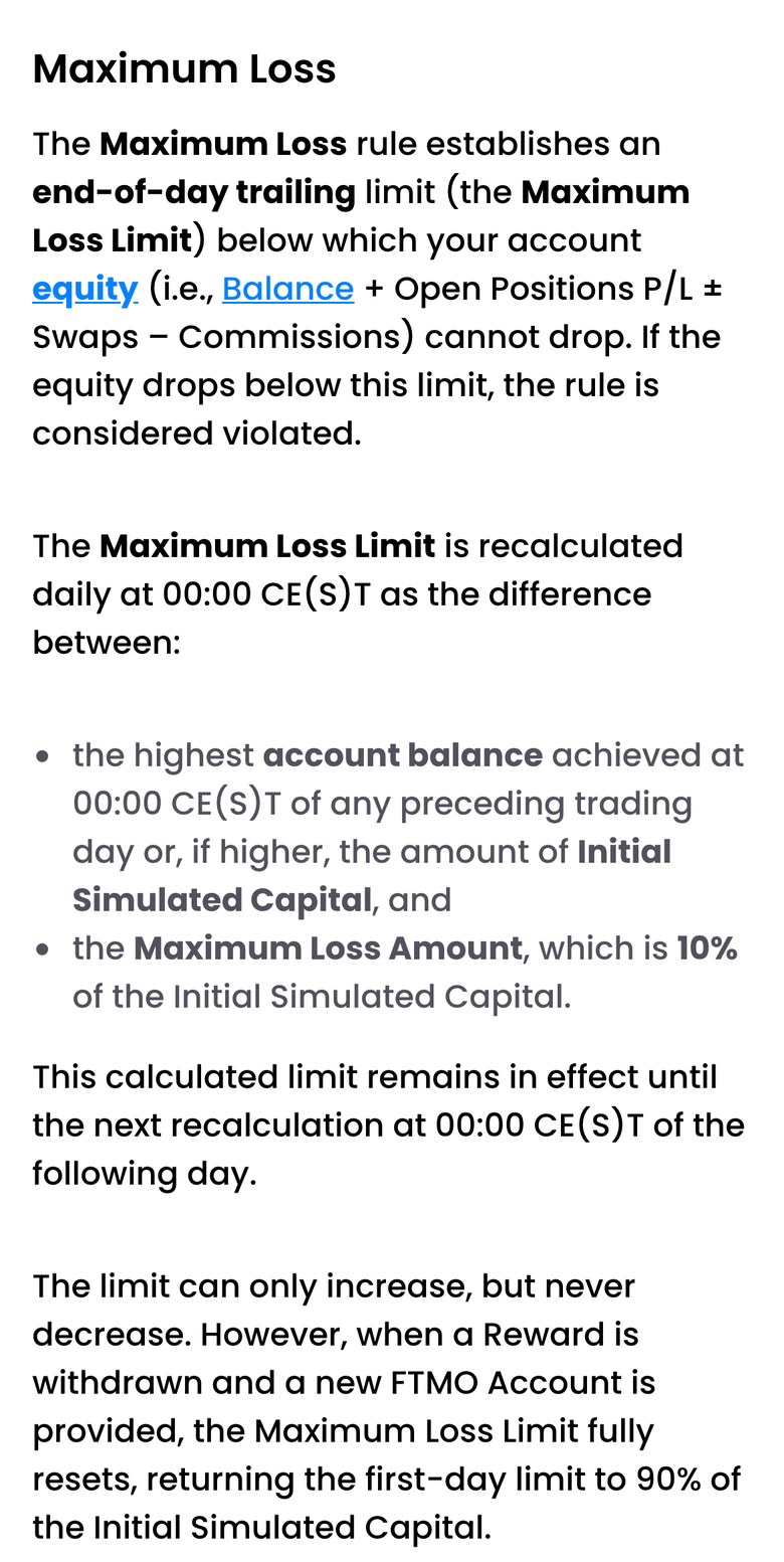 FTMO公式サイトのTrading Objectivesにある1-StepのMaximum Lossの説明（スマホ表示）。最大損失のラインは日末トレーリングで、毎日00:00 CE(S)Tに、それまでの取引日の00:00の最高残高（初期資金のほうが高ければ初期資金）から初期資金の10%を引いた金額に計算し直される。ラインは上がるだけで下がらない。報酬を引き出して新しいFTMO Accountが提供されると、ラインは初期資金の90%に戻る、と書かれている