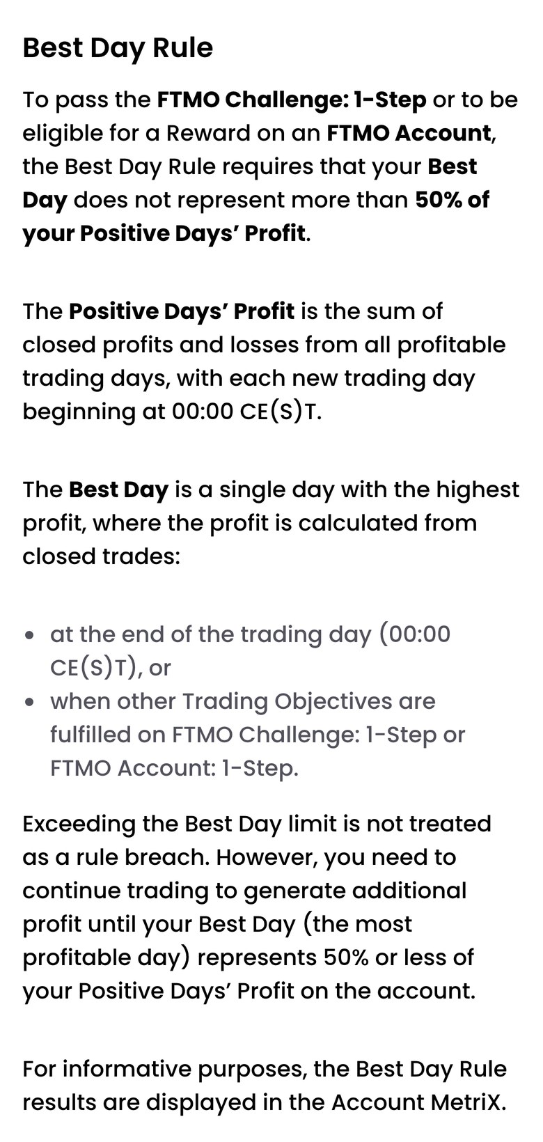 FTMO公式サイトのTrading ObjectivesにあるBest Day Ruleの説明（スマホ表示）。1-Stepに合格する、またはFTMO Accountで報酬を受け取るには、Best DayがPositive Days' Profitの50%を超えないこと。Positive Days' Profitは利益が出た取引日の確定損益の合計。Best Dayの上限を超えてもルール違反にはならないが、Best Dayが合計の50%以下になるまで取引を続ける必要がある、と書かれている