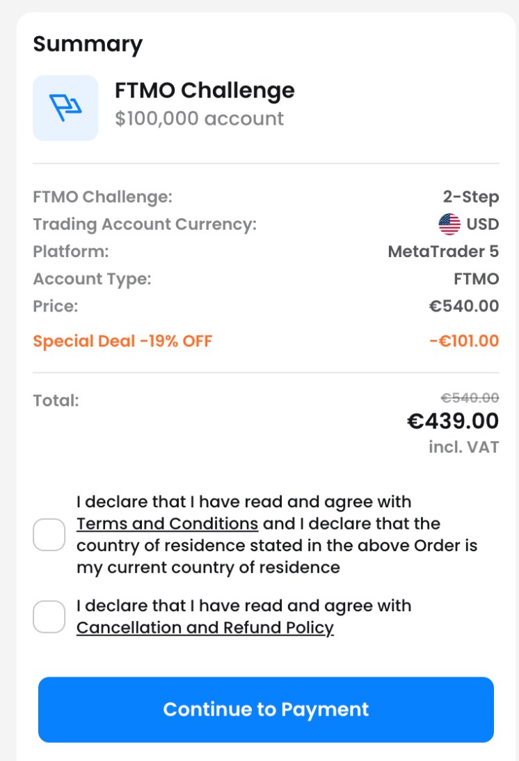FTMOの注文画面のSummary（スマホ表示）。FTMO Challengeの$100,000の口座、2-Step、口座の通貨はUSD、プラットフォームはMetaTrader 5、口座タイプはFTMO。Priceは€540.00、Special Deal -19% OFFで-€101.00、Totalは€439.00（incl. VAT）。規約と、キャンセル・返金ポリシーへの同意のチェック欄と、Continue to Paymentのボタンがある
