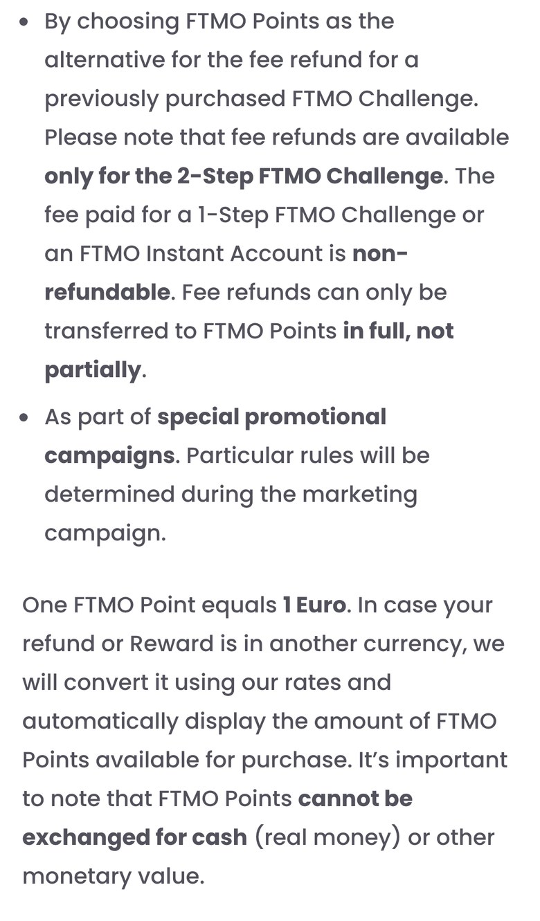 FTMO公式FAQ「What are FTMO Points and how can I use them?」の一部（スマホ表示）。料金の返金のかわりにFTMO Pointsを選べるのは2-Stepだけで、返金は全額だけPointsに替えられ、一部だけは不可。1FTMO Pointは1ユーロで、ほかの通貨はFTMOのレートで換算する。FTMO Pointsは現金に替えられない、と書かれている
