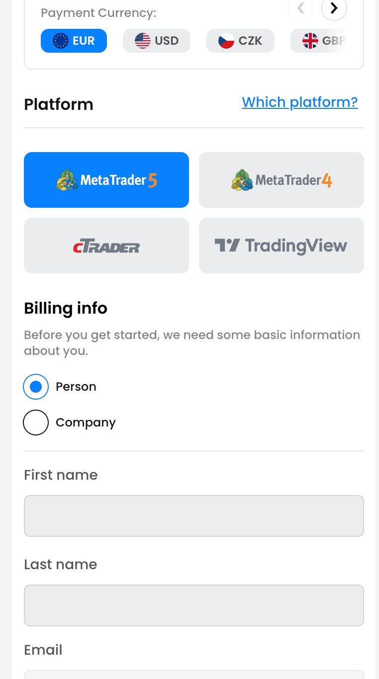 FTMOの注文画面（スマホ表示）。Payment CurrencyはEUR・USD・CZK・GBPの4つで、EURが選ばれている。その下にPlatform（MetaTrader 5・MetaTrader 4・cTrader・TradingView）と、Billing info（PersonかCompany、氏名・メールの入力欄）が並ぶ