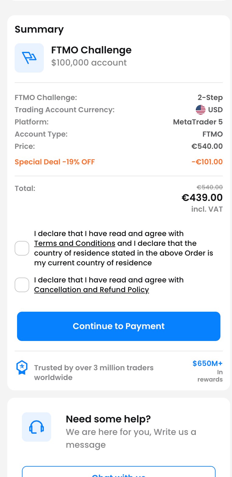 FTMOの注文画面のSummary（スマホ表示）。FTMO Challenge 2-Step、$100,000 account、Price €540.00、Special Deal −€101.00、Total €439.00 incl. VAT。同意の欄は2つで、Terms and Conditionsへの同意と居住国の申告、Cancellation and Refund Policyへの同意。その下にContinue to Paymentのボタン