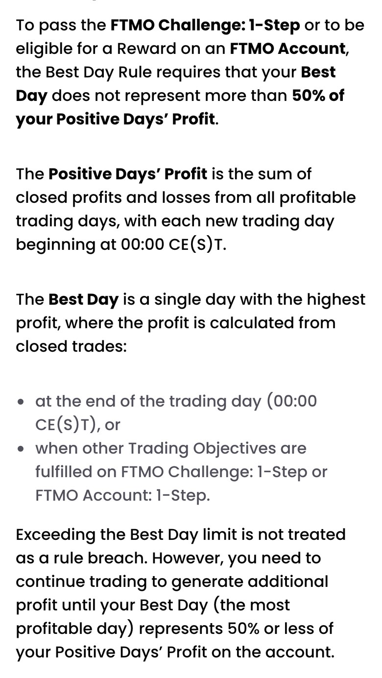 FTMO公式サイトのTrading ObjectivesにあるBest Day Ruleの説明（スマホ表示）。1-Stepの合格と、FTMO Accountで報酬を受け取る条件として、最も利益の大きい1日がプラスの日の利益合計の50%を超えないことが求められる。超えても違反にはならず、50%以下になるまで取引を続けると書かれている