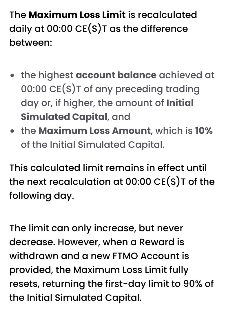 FTMO公式サイトのTrading Objectives（1-Step）のMaximum Lossの説明（スマホ表示）。最大損失のラインは毎日0時（CE(S)T）に計算し直され、上がるだけで下がらない。報酬を出金して新しいFTMO Accountが提供されると、ラインは初期資金の90%に戻ると書かれている